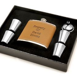 Personalized Leather Flask & Shot Cups Gift Set