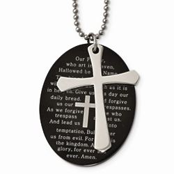 Mens Our Father Prayer Black Steel Disc with Cross Necklace