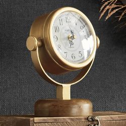 Compass-Inspired Wood and Gold-Tone Table Clock