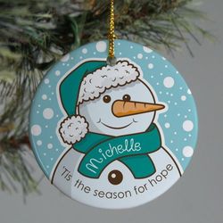 Personalized Teal Ribbon Snowman Ornament
