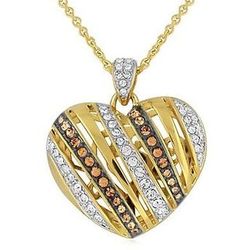 Brown & White Crystal Heart Pendant in 18K Gold Over Bronze