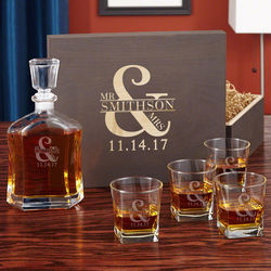 Love & Marriage Whiskey Decanter Set in Wooden Box
