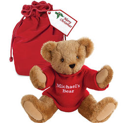 Teddy Bear with Personalized Sweater and Red Velvet Bag