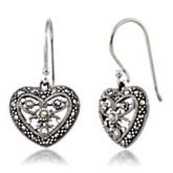 Marcasite Filigree Heart Earrings in Sterling Silver