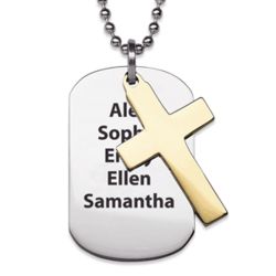 Two-Tone Stainless Steel Dog Tag & Cross Engraved Name Necklace