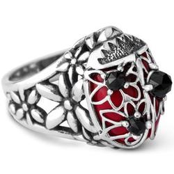Red Coral and Black Spinel Ladybug Ring