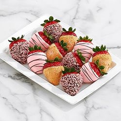 One Dozen Pink Cheesecake Strawberries on Dessert Platter