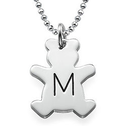 Teddy Bear Necklace with Initial in Silver