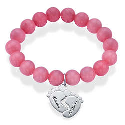 Engraved Baby Feet and Glass Bead Bracelet