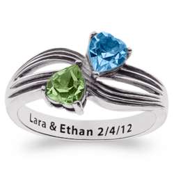 Sterling Silver Couple's Twin Heart Birthstone Fancy Band Ring