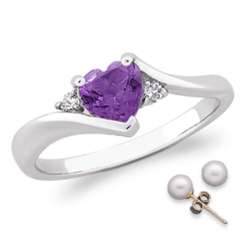 Silvertone Amethyst and Cubic Zirconia Ring with Earrings