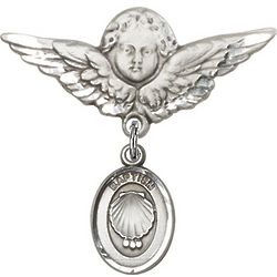Angel with Wings Sterling Silver Baby Badge with Baptism Charm