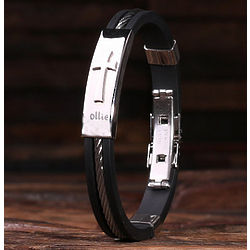 Personalized Leather and Stainless Steel Bracelet with Cross