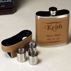 Groomsman's Engraved Faux Leather Flask and Shot Glasses