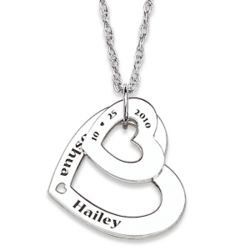 Sterling Silver Couples Engraved Name & Date Hearts Necklace