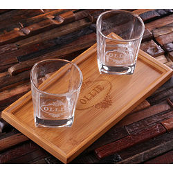 Personalized Bar Tray Set with Whiskey Glasses
