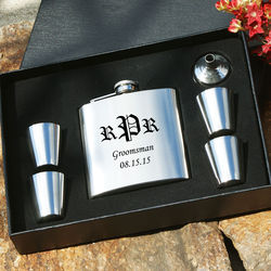 Groomsman's Engraved Silver Steel Flask and Shot Glasses