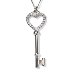 Large Open Heart CZ Key Necklace in Sterling Silver