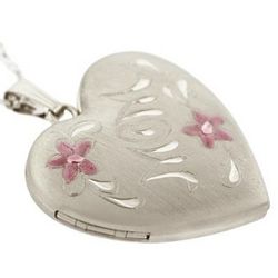 Mom Sterling Silver Heart 4 Photo Locket with Pink Flowers