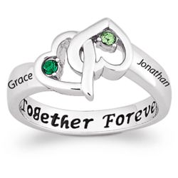 Sterling Silver Couple's Entwined Hearts Birthstone & Name Ring