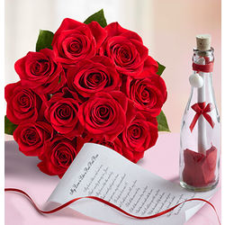 Message in a Bottle with 12 Stems of Red Roses