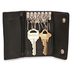 Trifold Key Holder Wallet in Black Leathe with Change Pouches
