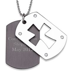 Stainless Steel Two-Tone Double Dog Tag Engraved Cross Necklace