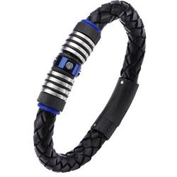 Stainless Steel Black and Blue Braided Leather Bracelet