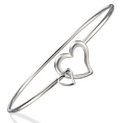 Matte and Shiny Heart Promise Bangle in Sterling Silver