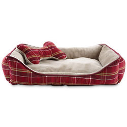 Red Plaid Dog Bed with Bone Pillow