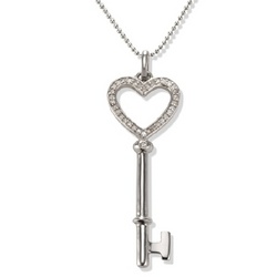 Open Diamond Heart Key Necklace in Sterling Silver