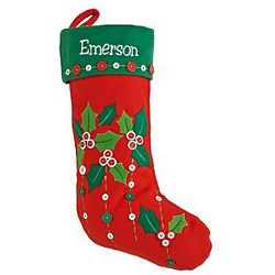 Green Cuff Holly Personalized Holiday Button Stocking