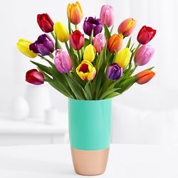 20 Multi-Colored Tulips with Dipped Teal Vase and Chocolates