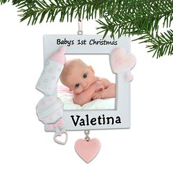 Personalized Pink Baby 1st Christmas Framed Ornament