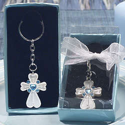 White Cross Keychain with Blue Crystals