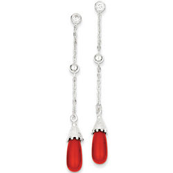 Sterling Silver CZ with Red Coral Teardrop Earrings
