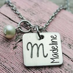 Personalized Pewter Name and Initial Square Pendant with Charm