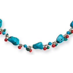 Sterling Silver Dyed Howlite, Turquoise and Red Coral Necklace