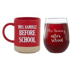 Personalized Before & After School Red Mug and Wine Glass Set