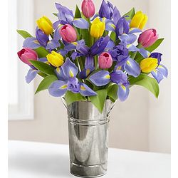 Fanciful Tulip and Iris Bouquet in French Flower Pail