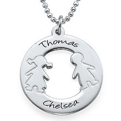 Children's Silhouettes and Personalized Names Silver Necklace