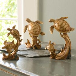3 Resin Sea Turtle Sculptures with Woodgrain Finish