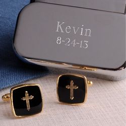 Gold Cross Cufflinks with Personalized Case