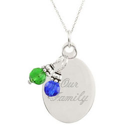 Engraved Oval Tag and Dangling Birthstone Necklace