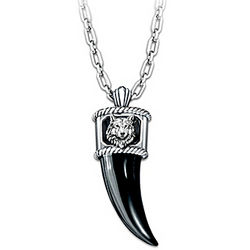 Men's Black Onyx and Silver-Plated Wolf Pendant Necklace