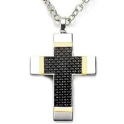 18K, Stainless Steel, and Carbon Fiber Cross Pendant with Chain