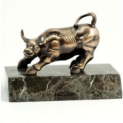Wall Street Bull Sculpture in Antique Gold Tone Finish