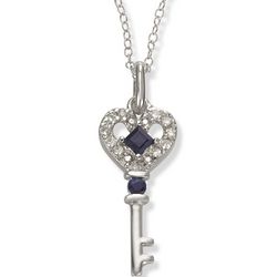 Diamond and Sapphire Key Necklace in Sterling Silver