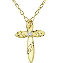 Engraved Diamond Cross Pendant in Yellow Plated Sterling Silver