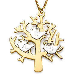 18K Gold Plated Tree Necklace with Sterling Silver Initial Birds